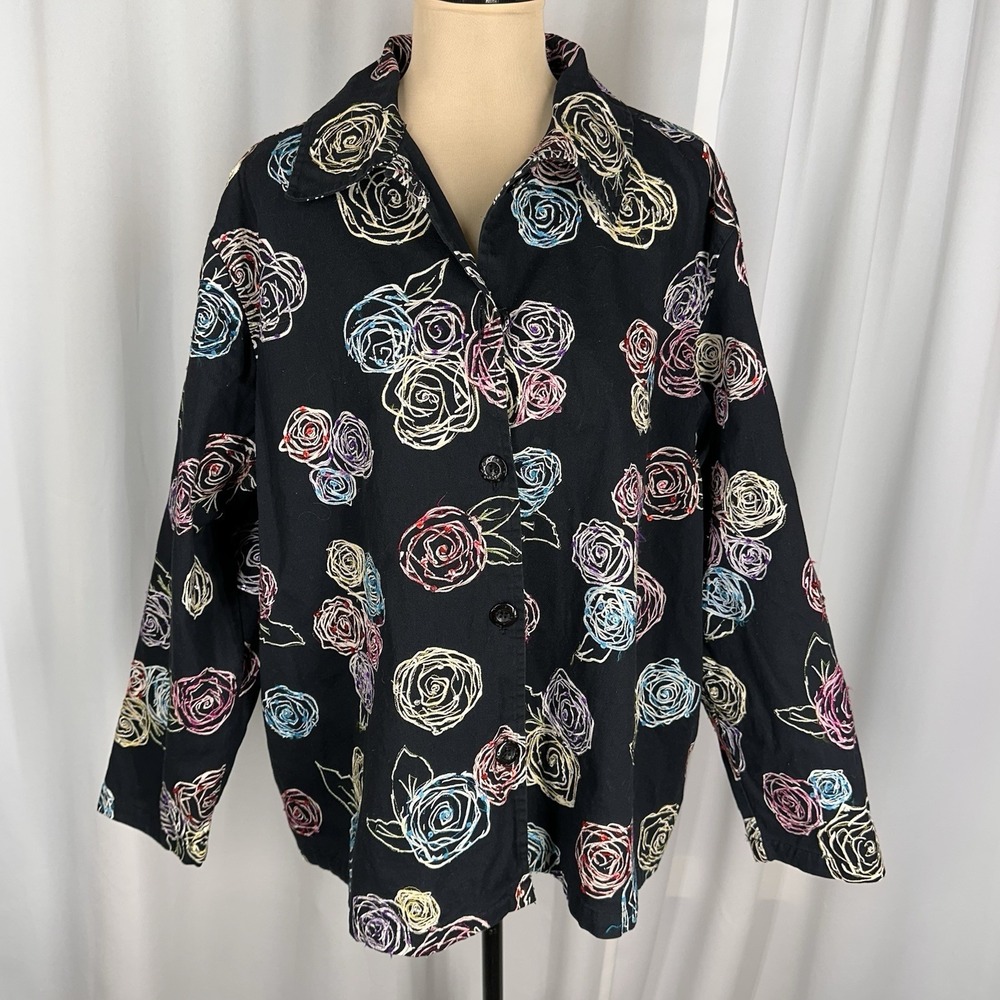 Life Style Woman Embroidered Jacket Sz 2X Black 100%‎ Cotton Rose Floral Casual